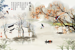 中式烟雨江南意境山水背景墙