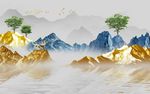 金色山水抽象树电视背景墙