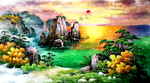 旭日东升山水风景画田园油画