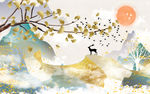 麋鹿新山水中式画 TIF分层
