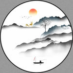 新中式抽象水墨山水圆形装饰画