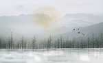 抽象树林迷雾森林山水飞鸟画