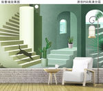 莫兰迪色几何建筑装饰画背景墙