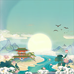 国潮中国风亭子山水荷花莲花画