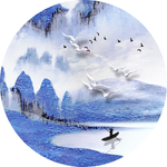 新中式水墨山水飞鸟圆形装饰画