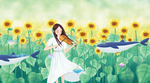 向日葵里的少女演奏音乐插画