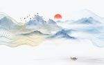 新中式山水大雁船抽象花纹背景墙