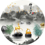 新中式麋鹿山水圆形晶瓷画装饰画