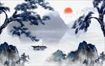 新中式蓝色山水风景画背景墙