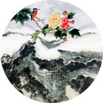 爵士白石纹山水花开富圆形装饰画