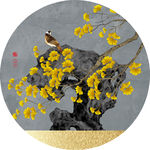 太湖石花鸟中式客厅装饰画晶瓷画