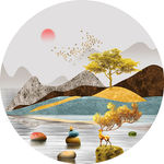 石来运转麋鹿山水圆形装饰画