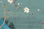 中式手绘蓝色花鸟郁金香蝴蝶壁画