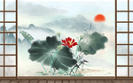 荷花水墨山水背景墙