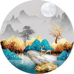中式麋鹿山水圆形装饰画晶瓷画