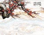 新中式大理石纹国画梅花山水背景