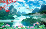自然风光瀑布流水生财风景画背景