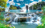 瀑布流水生财风景画背景墙