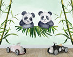 熊猫水彩画 熊猫儿童背景墙