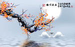 国画梅花山水电视背景墙
