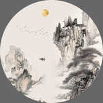 禅意山水画圆形水墨山水