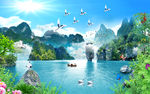山水画万里河山流水背景墙
