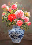 玫瑰花鸟花瓶油画