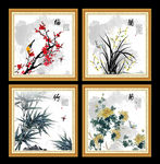 梅兰竹菊四条屏梅兰竹菊挂画