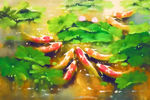 新中式油画九鱼图装饰画