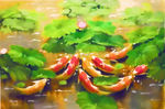 手绘九鱼图风景油画