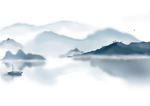 山间湖畔水墨画