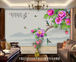 原创高清牡丹翠鸟装饰画背景墙