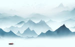 蓝色中式风山水画 tif分层