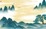 中国风山峰仙鹤金粉背景墙壁画