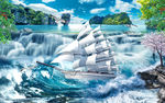 流水生财山水风景画客厅电视背景