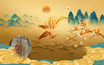 凤凰金箔山水中式国潮插画装饰画