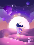 蓝紫治愈系星球女孩舞蹈猫咪插画