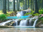 小溪瀑布树林风景画山水背景墙
