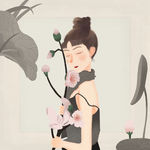 抱花少女  手绘插画