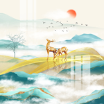 框画中式水墨山水麋鹿玄关电视背
