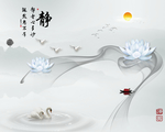 新中式水墨山水画荷花背景墙