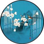 新中式玉兰花鸟圆形装饰画图片