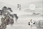 新中式水墨松树白鹤背景墙
