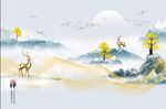 爵士白新中式抽象线条麋鹿背景墙