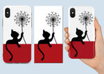 简约红白黑猫咪蒲公英手机壳图案