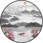 山水情水墨装饰画圆形国画