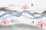 抽象飘带意境山水花鸟背景墙