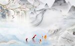 新中式锦鲤山水背景墙