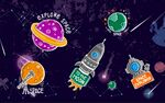 卡通火星月球宇航员儿童房间壁画