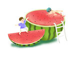 彩色手绘卡通西瓜人物水果夏天